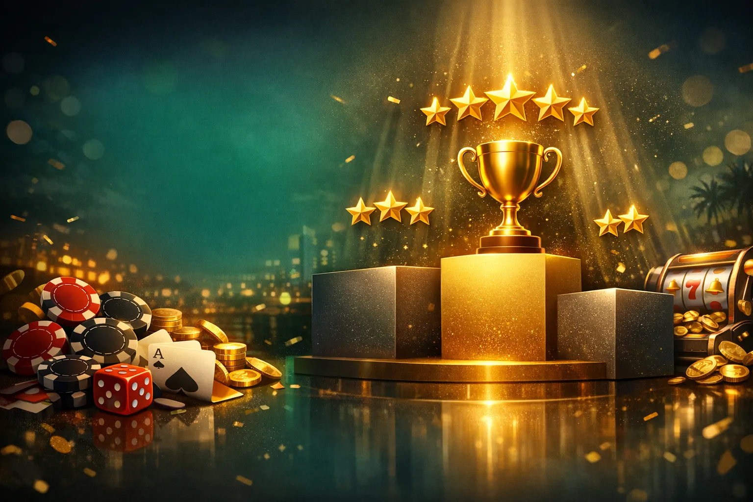 Cinematic iGaming hero image with golden podium ranking motif, glowing stars and premium casino review aesthetic on dark back